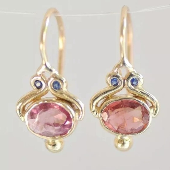 Anthropologie Jewelry - Pink topaz & sapphire handcrafted earrings 18kt gold filled 2”